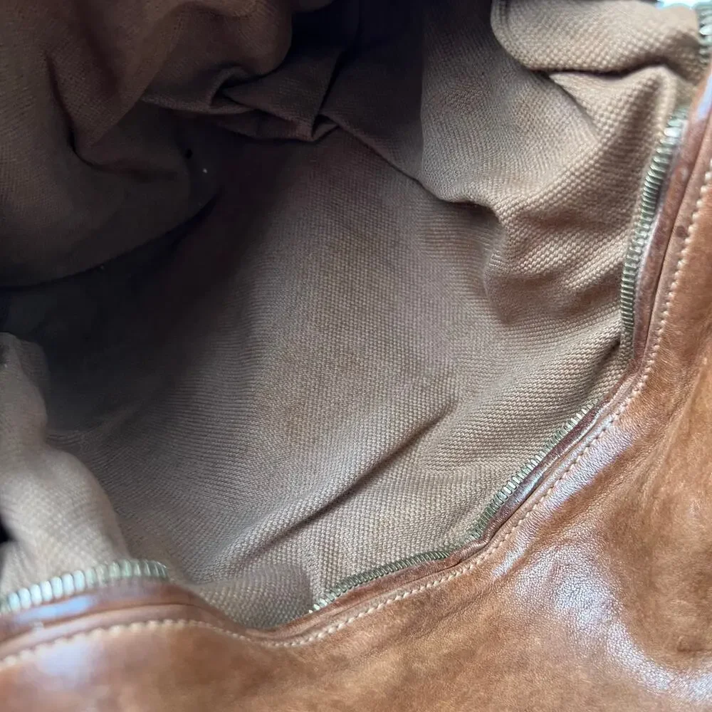 LANGELLOTTI Brown Woven Italian Leather Tote Hobo Handbag Large Distressed Boho